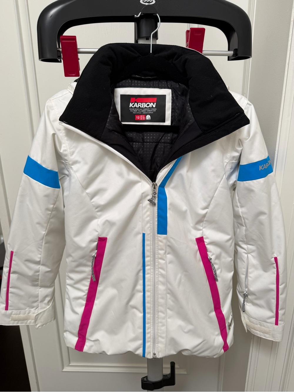 Karbon Girls' White Ski Jacket with Blue & Pink Accents
